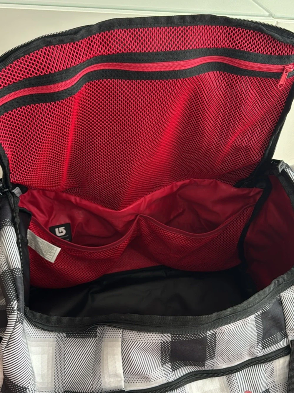 Burton Boothaus Gray & White Plaid Duffel Bag with Red Logo
